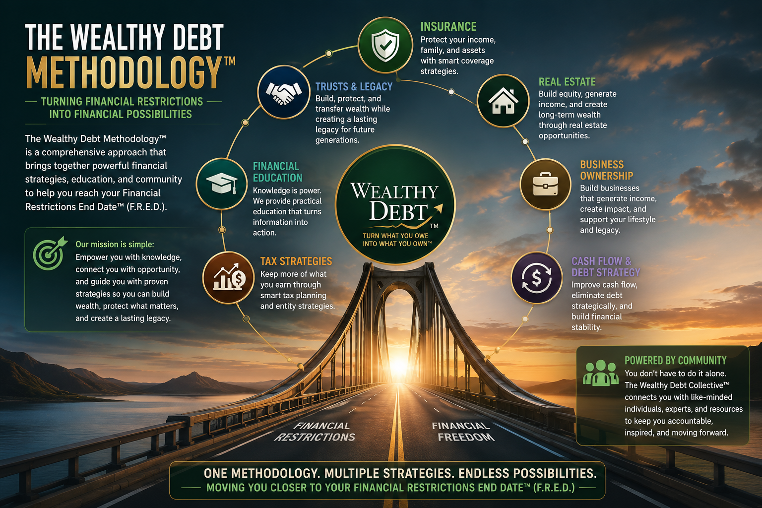 The Wealthy Debt Methodology™ infographic showing how financial education, trusts, insurance, real estate, business ownership, and cash flow strategies work together to move people toward their Financial Restrictions End Date™